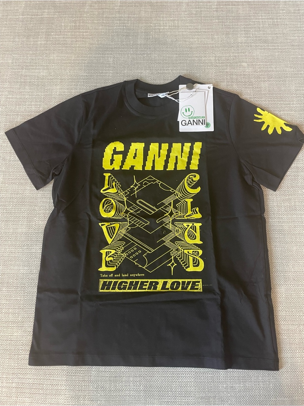 Ganni Black Tee with Neon Yellow Graphic Logo